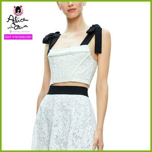 Alice + Olivia Clara Black White Lace Bow Strap Bustier Crop Top